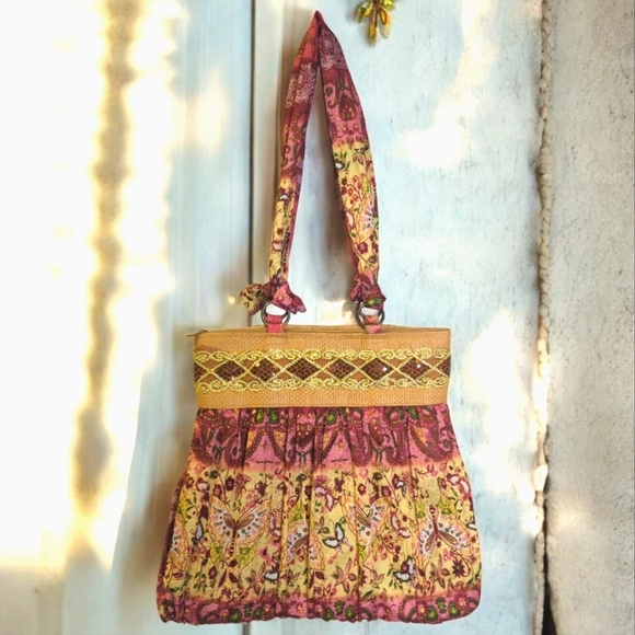 Bohemian Paisley Tote Bag  Multicolor Sequins Glitter Straw Accent - Picture 2 of 11